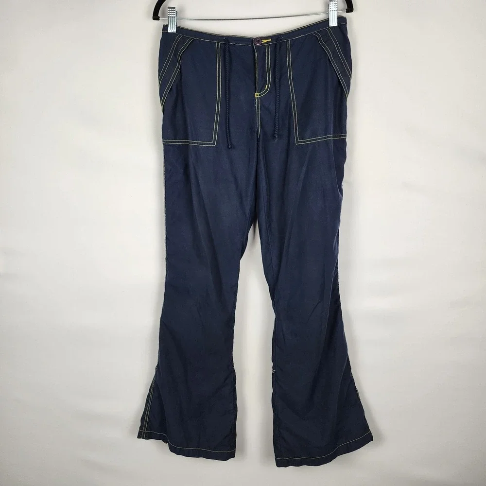 Vintage Navy Cargo Pants Yellow Contrast Stitch Mesh Zip Hem Wide Leg Streetwear